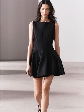 Zara Black Fit Flare Dress L Sleeveless Skater Structured Mini